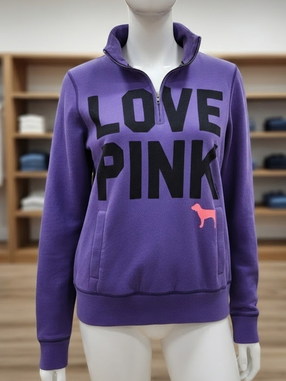PINK Victoria's Secret Purple Half-Zip Fleece Pullover with Black Logo